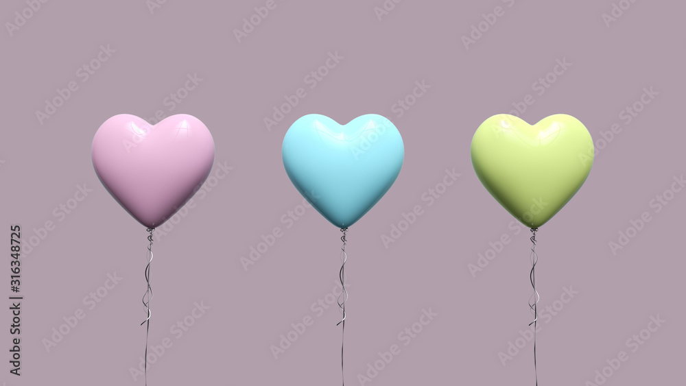 Pink Blue And Yellow Heart Balloons. Vallentine's Day, Birthday, Party Or Events Concept - 3D Illustration