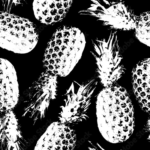 Pineapple seamless pattern. Tropical background. Contemporary fruit design. Trendy print. Modern stylish texture. Black and white pattern. Summer illustration with hand drawn pineapple