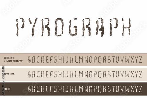 Wood Pyrography Typeface (Vector Font). Letter Press, Stamp, Wood Relief, Cut and Carving (Textured Typography). photo