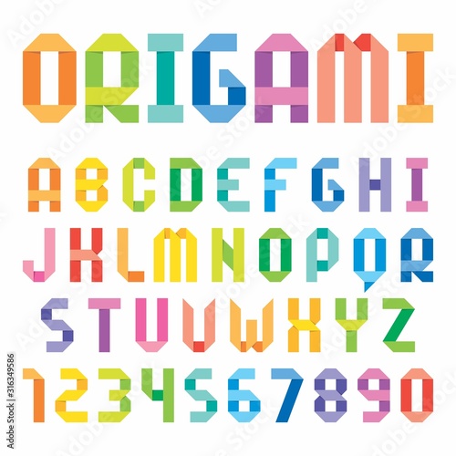 Ludic children paper fold (origami) style vector typeface. Flat geometric uppercase narrow font and numbers. Decorative Typography. 