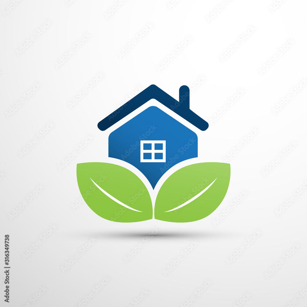 Eco Smart Home Concept Design - House Icon with Leaves Eco Smart Home Concept Design - House Icon with Leaves