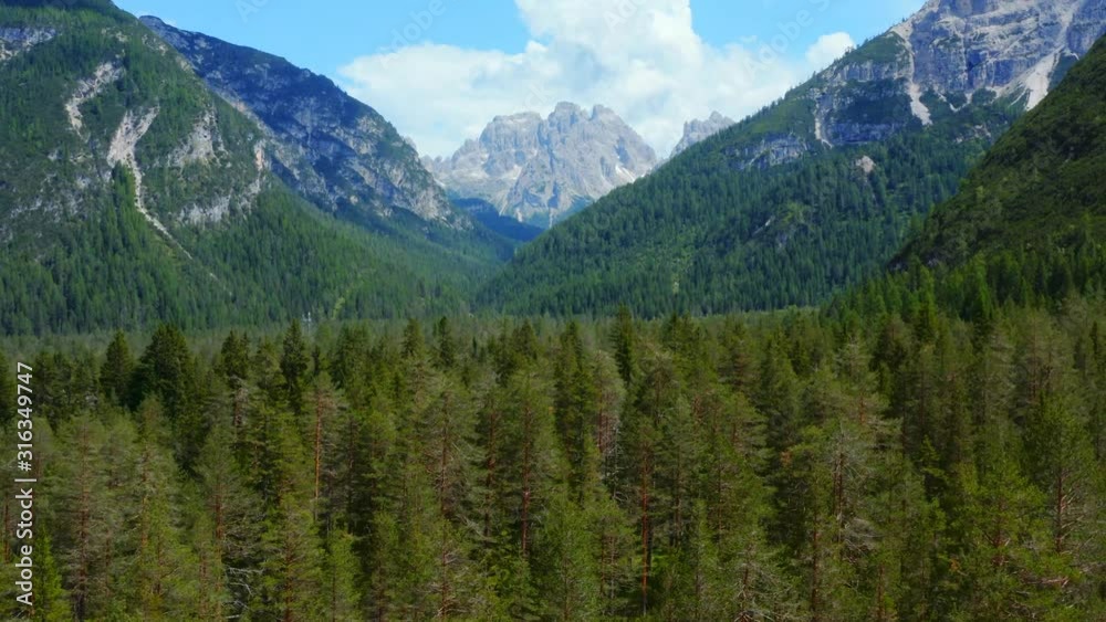 Aerial drone view of spectacular mountains and green scenic valley on summer day. Wonderful scenery of glorious mountain panorama and pine forest woods. Alps, Italy. Nature beauty concept. Aerial drone view of spectacular mountains and green scenic valley on summer day. Wonderful scenery of glorious mountain panorama and pine forest woods. Alps, Italy. Nature beauty concept.