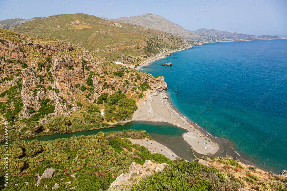 View over the lovely preveli palm beach on the greek island of crete in summer