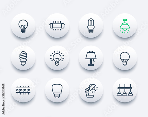 light bulbs, lamps and illumination line vector icons