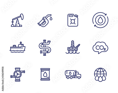 Petroleum industry, petrol, gasoline, oil and gas production, line icons set