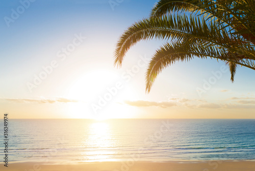 A beautiful sunrise in paradise over a tropical beach with palm trees. Nature Background. Holiday concept.