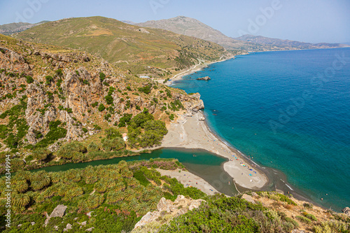 View over the lovely preveli palm beach on the greek island of crete in summer photo
