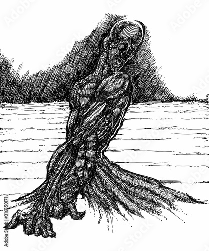 Ink Drawing (Hatch Work) of Contorted Detailed Muscular Body in a Textured Unique Style. Artistic Manual Illustration turned to Vector. Pain, Agony, Depression, Anxiety, Suffering, Depression. 