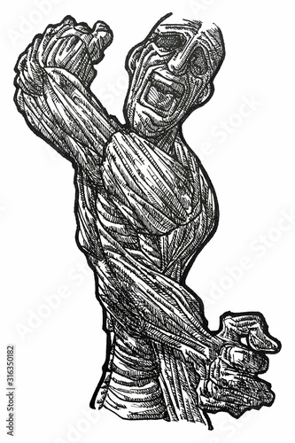 Ink Drawing (Hatch Work) of Contorted Detailed Muscular Body in a Textured Unique Style. Artistic Manual Illustration turned to Vector. Pain, Agony, Depression, Anxiety, Suffering, Depression. 