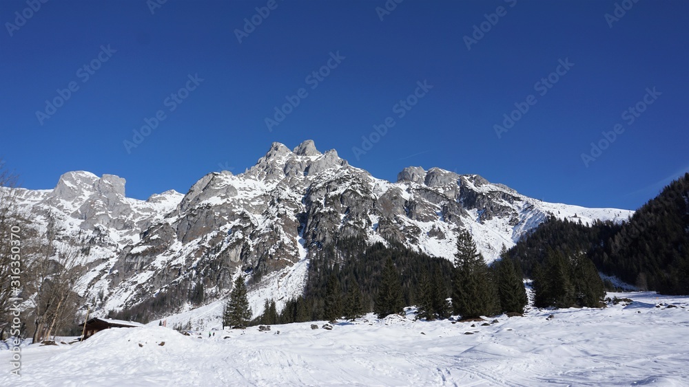 Blick auf das verschneite Tennengebirge - Schneelandschaft in Werfenweng, Austria - winter landscape with mountains