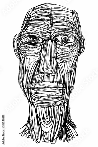 Ink Drawing (Sketch, Hatch Work) of an Expressive Face (Old Man) in a Textured Unique Style. Artistic Manual Illustration turned to Vector. 