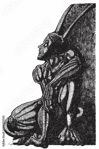 Ink Drawing (Hatch Work) of Lucifer (Dark Angel, Devil) looking upside in a Textured Unique Style. Artistic Manual Illustration turned to Vector. 