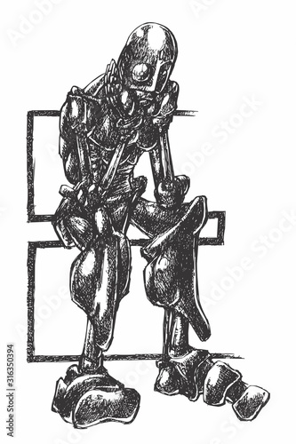 Ink Drawing (Hatch Work) of Detailed Humanoid Robot (Seated Thinking Pose) in a Textured Style. Artistic Manual Illustration Vectorized. Depression, Anxiety, Worry, Artificial Inteligence.  