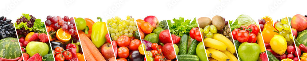 Fruits, vegetables, berries separated sloping lines isolated on white background. Fruits, vegetables, berries separated sloping lines isolated on white background.