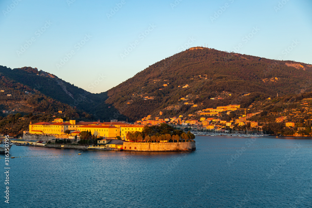 View from a cruise ship at sunrise in the harbor of La Spezia, Italy