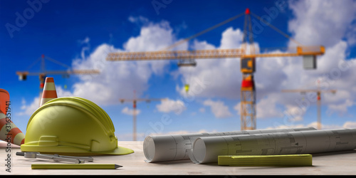 Fototapeta Naklejka Na Ścianę i Meble -  Project construction blueprints and engineering tools, site tower cranes background. 3d illustration