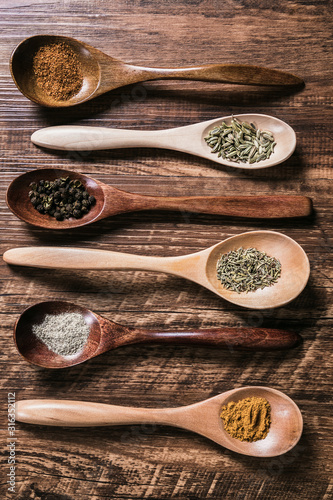 overhead view of spoon filled with all kinds of seasoning and spices  