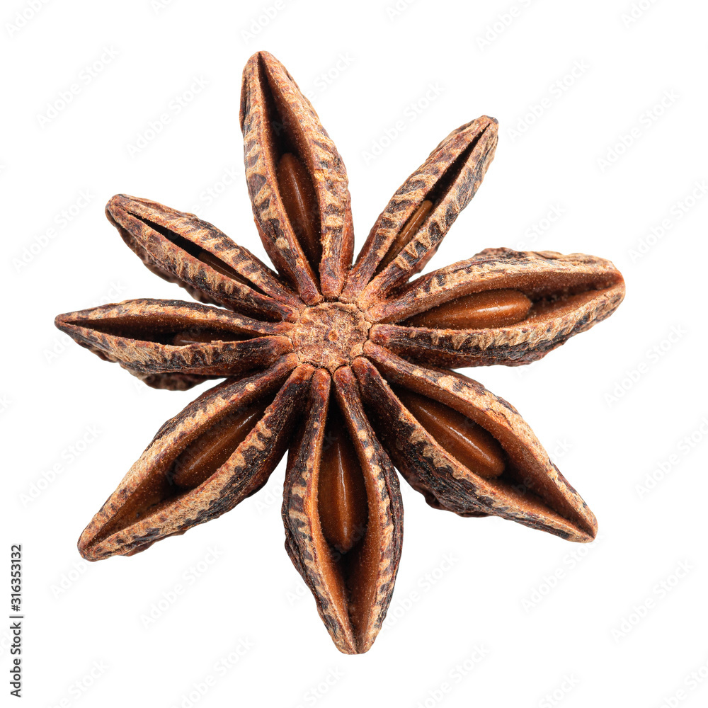 Star anise spice isolated on white background, top view Star anise spice isolated on white background, top view