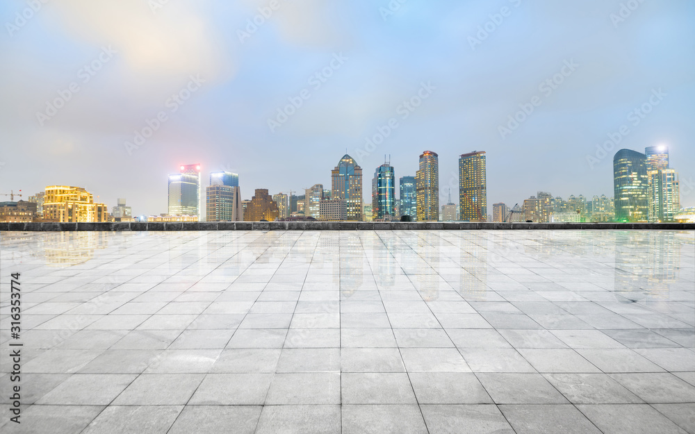 Panoramic skyline and buildings with empty concrete square floor,shanghai,china