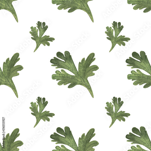 watercolor illustration. hand painted. Seamless pattern of small green leaves of wormwood on a white background.