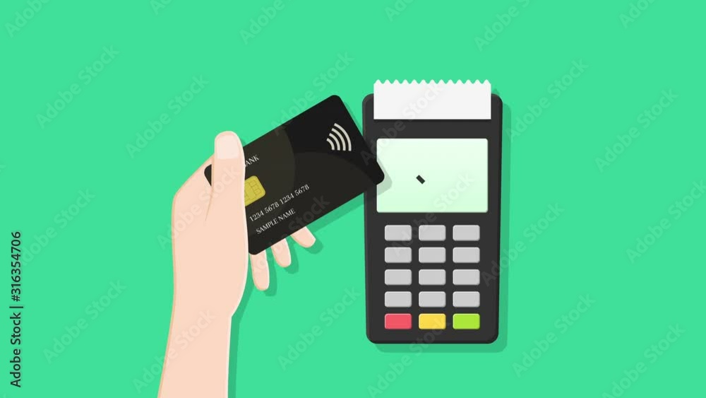 Contactless payment. Hand tapping card at the terminal during checkout in order to pay and receipt getting printed after successful transaction. Animation in flat design.
