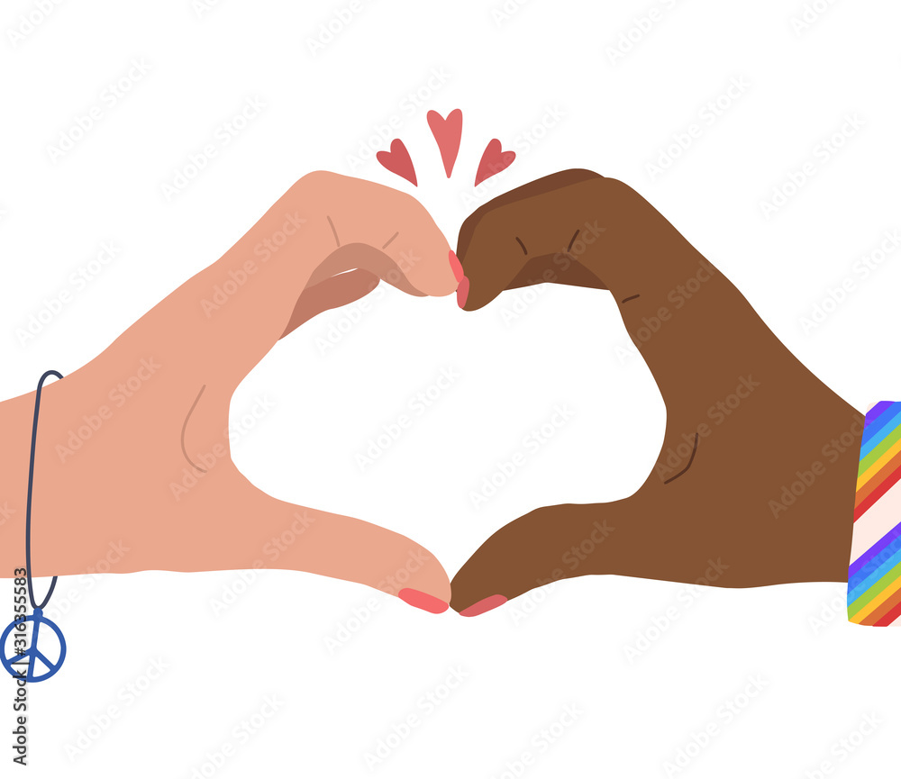 Obraz premium Hand drawn flat illustration of two woman hands with heart shape. Lesbian pair. Love couple. Greeting card for Valentines Day. Vector card for invitation, banner and your creativity