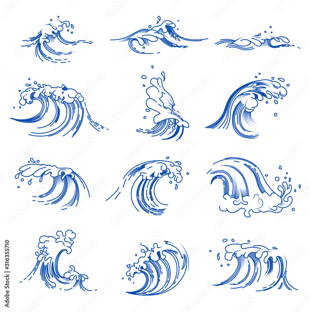 Waves isolated icons, sea or ocean storm, beach tide - obrazy, fototapety, plakaty 