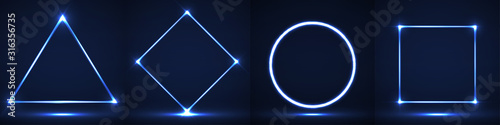 Set of neon geometric elements, shapes triangle, rhombus, circle, and square. Vector illustration