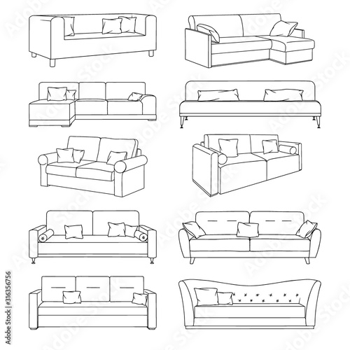Sketch of sofas isolated on white background. Vector