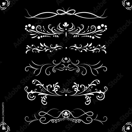 Victorian set white ornate page decor elements banners, frames, dividers, ornaments and patterns on black background. Vector Collection of Calligraphic swirl design elements