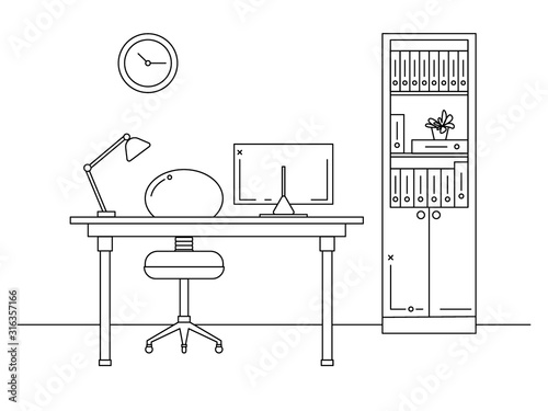 Office in a linear style. Workplace with a computer.