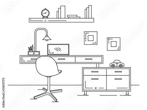 Office in a linear style. Workplace with a computer.