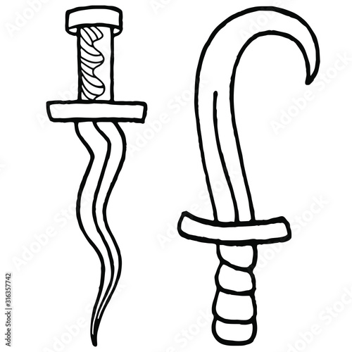 Ritual dagger isolated on white background. Hand drawn vector illustration. Black work, flash tattoo or print design. Doodle style line vector illustrations. Occultism, wicca, herbalism