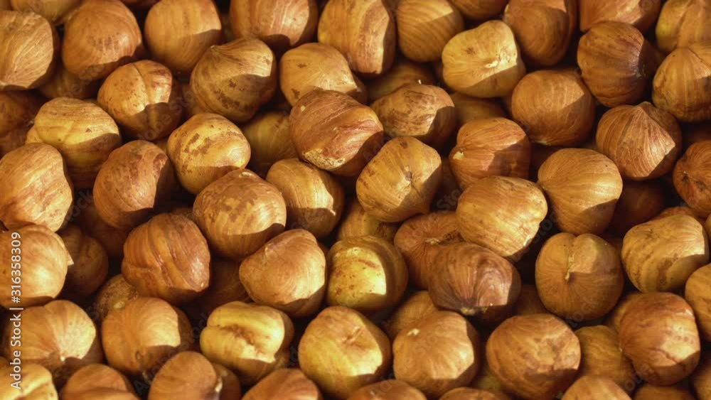 Hazelnut close up. product rich in minerals and vitamins. Hazelnut turns in a shot. Hazelnut kernels rotating. Hazelnut close up lies under beams of the sun. Macro 4K