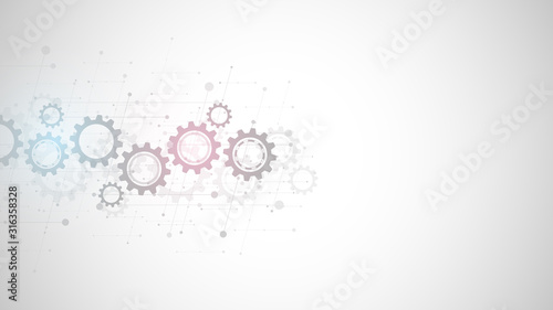 Cogs and gear wheel mechanisms. Hi-tech digital technology and engineering. Abstract technical background.