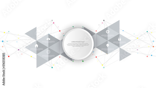 Information technology with infographic elements and flat icons. Abstract background with connecting dots and lines. Global network connection, digital technology and communication concept.