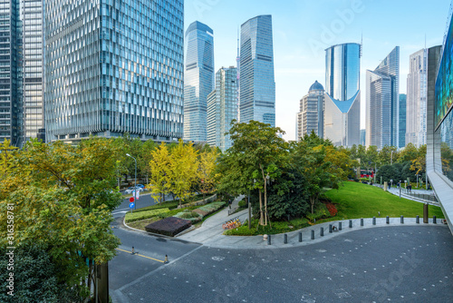 Expressways and skyscrapers in Lujiazui financial center, Shanghai, China