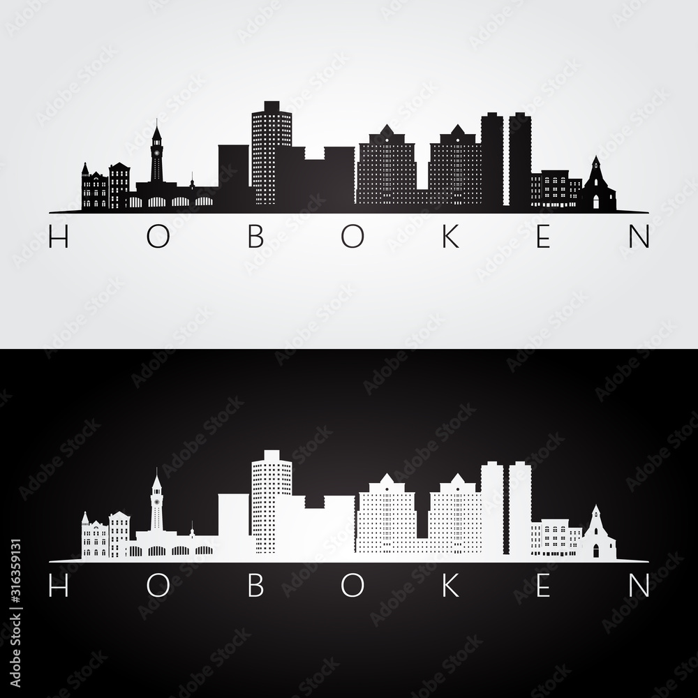 Hoboken, New Jersey skyline and landmarks silhouette, black and white design, vector illustration.