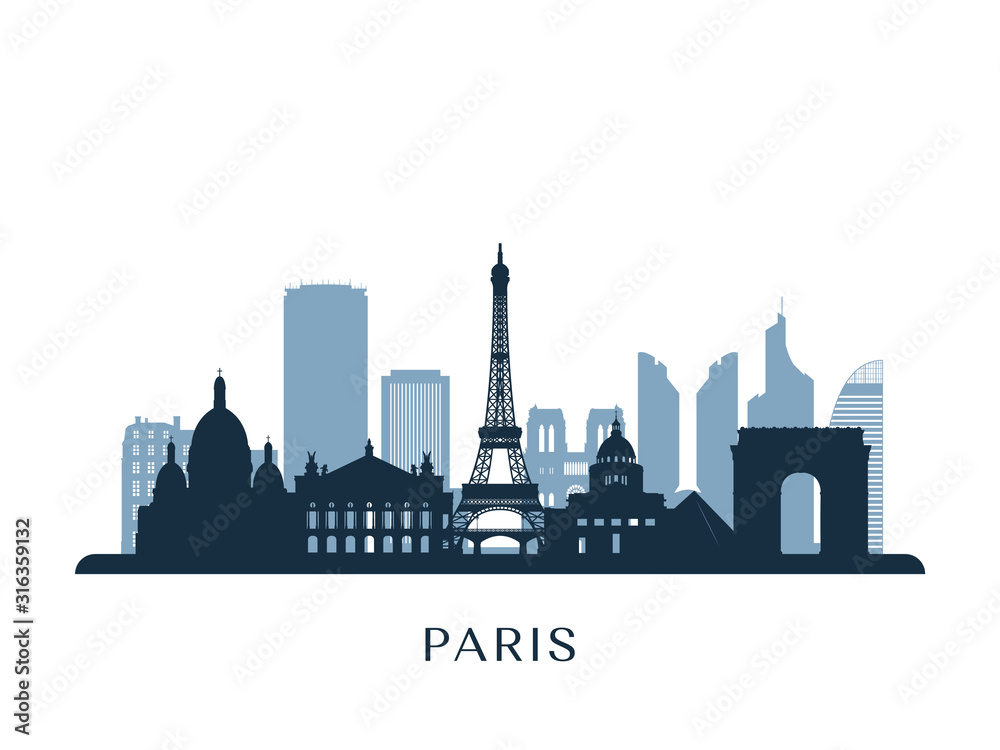 Paris skyline, monochrome silhouette. Vector illustration.
