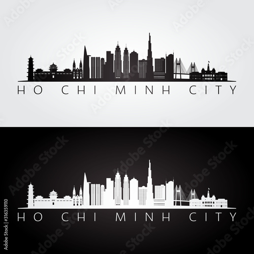 Ho Chi Minh City skyline and landmarks silhouette, black and white design, vector illustration.