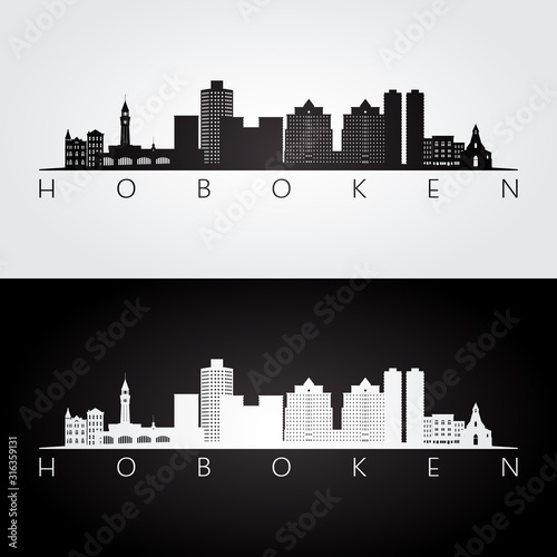 Hoboken, New Jersey skyline and landmarks silhouette, black and white design, vector illustration.