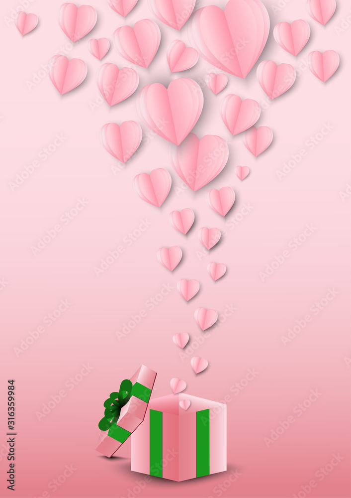 Valentines hearts and gift box.Origami made paper heart flying out off gift box.They are on pink background and copy space.Happy, Mother's Day,card.Vector Valentine's Day and love vector concept.