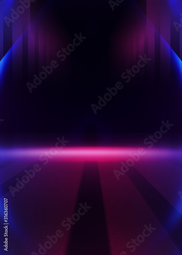 Empty dark abstract background. Background of empty show scene. Glow of neon lights and neon figures on an empty concert stage. Reflection of light on the pavement.