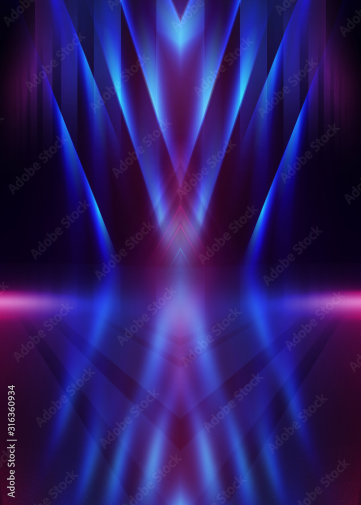 Obraz premium Empty dark abstract background. Background of empty show scene. Glow of neon lights and neon figures on an empty concert stage. Reflection of light on the pavement.