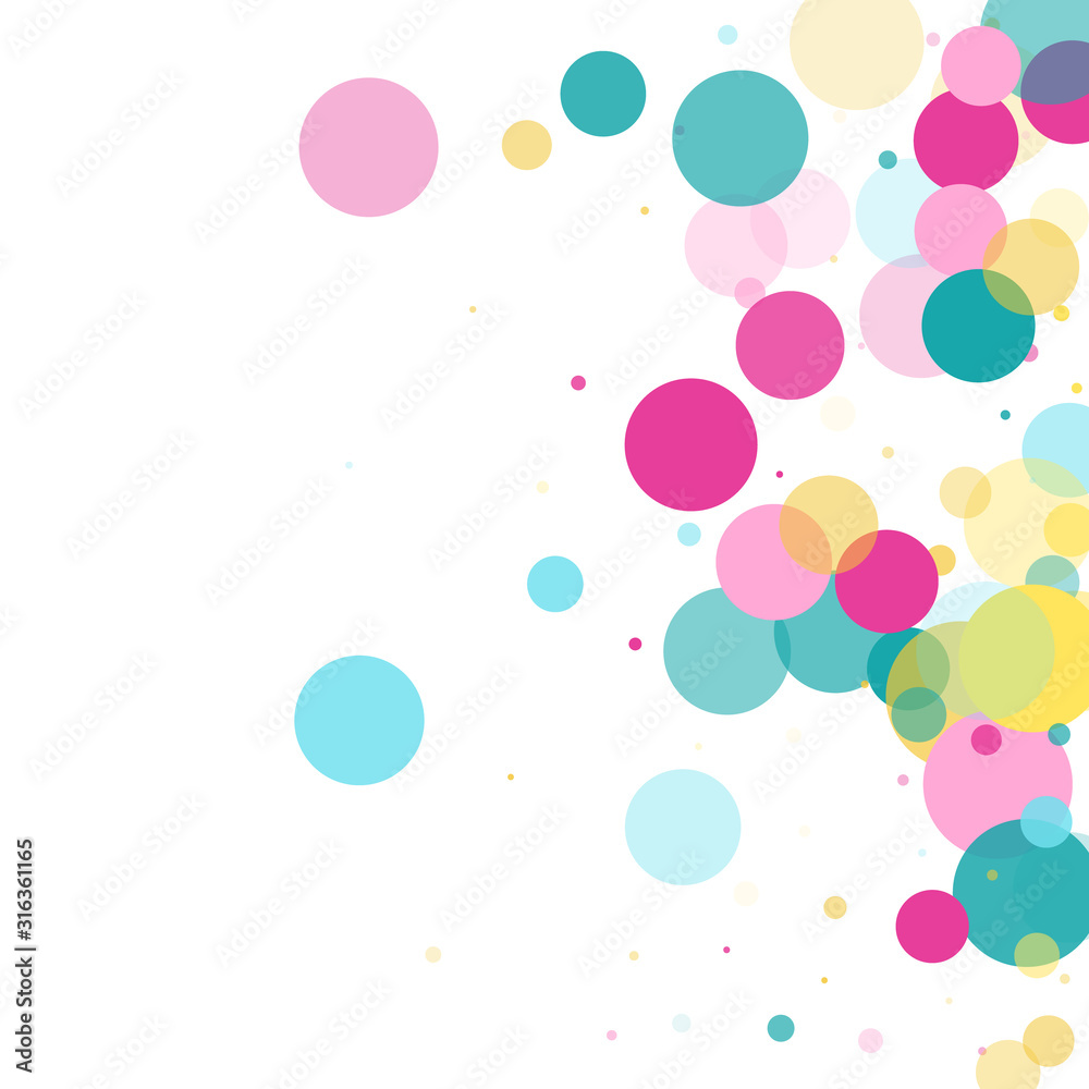 Memphis round confetti festive background in cyan blue, pink and yellow. Childish pattern vector.