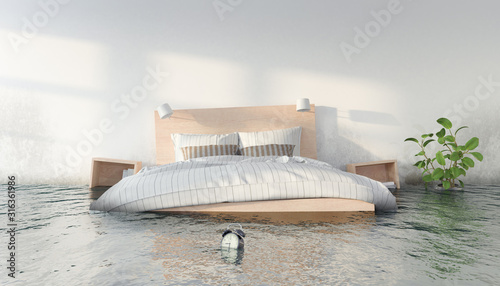 3d Illustration - Überschwemmtes Schlafzimmer - Wasserschaden - Hochwasser photo