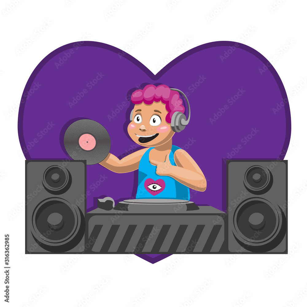 DJ with album DJ Desk mixing the music of the dynamics of the heart. Vector  image. Cartoon. Stock Vector | Adobe Stock