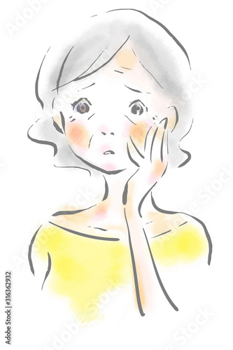 シニア女性　シワ　水彩