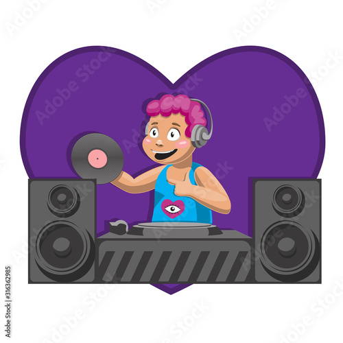 DJ with album DJ Desk mixing the music of the dynamics of the heart. Vector image. Cartoon.