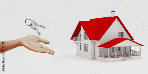 Mortgage  investment  real estate and property concept - close up of house keys. 3d rendering